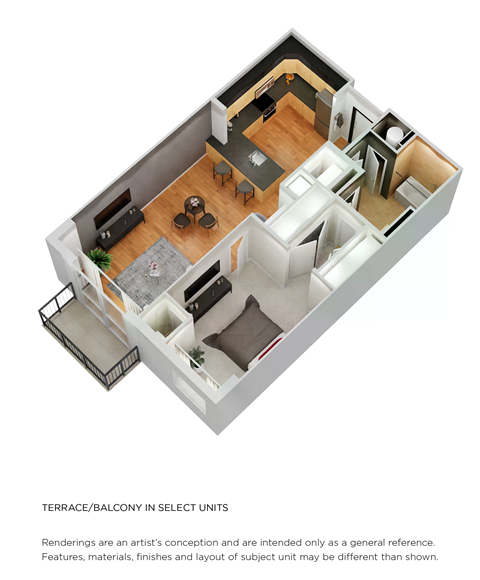 Floor plan for 1 bed, 1 bath, 681 sqft